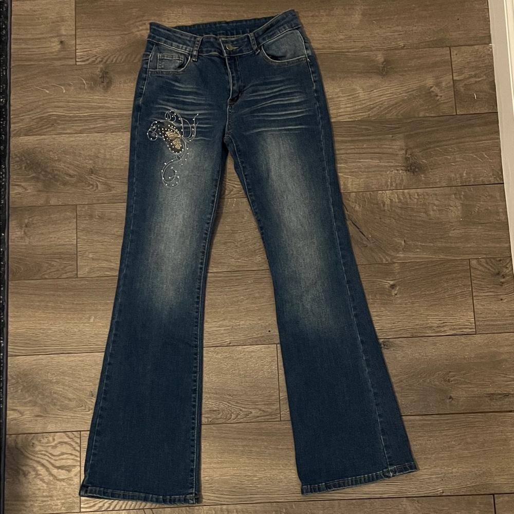 SHEIN Dark Blue Flare Jeans with Embellishment